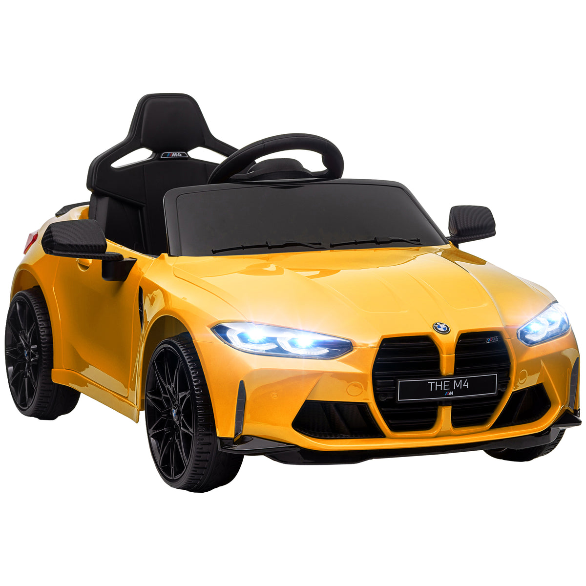 AIYAPLAY 12V BMW M4 Licensed Kids Car with Easy Transport, Remote Control, Suspension, Music, Horn, LED Lights, Yellow