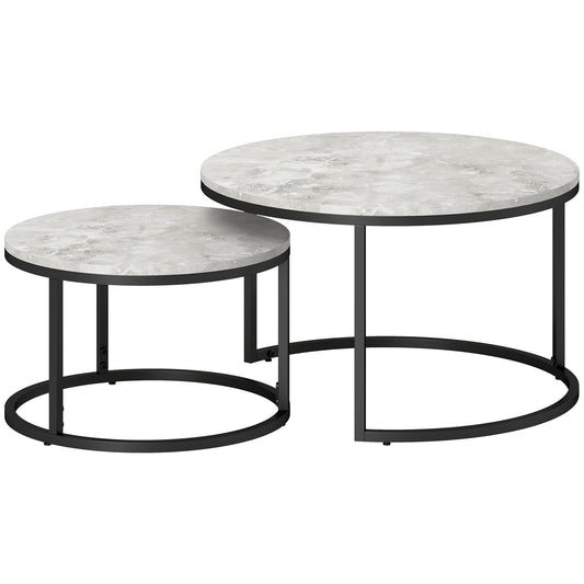 HOMCOM Set of Two Marble-Effect Stacking Tables - Wood Grey