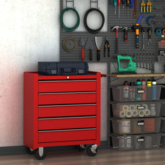 HOMCOM 5 Drawer Tool Chest on Wheels, Lockable Steel Tool Trolley with Side Handle for Workshop, Garage, Red