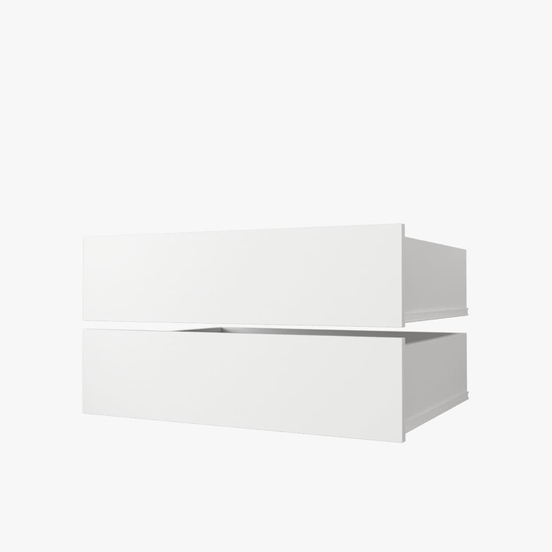 Two white rectangular boxes stacked on a white background