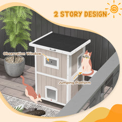 PawHut Outdoor 2 Tiers Wooden Cat Shelter w/ Removable Bottom, Escape Doors, Asphalt Roof, for 1-2 Cats - Light Grey