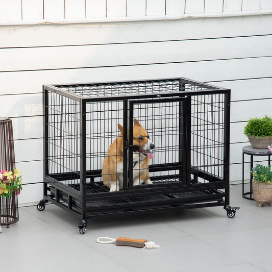 PawHut 38" Heavy Duty Metal Dog Crate Pet Cage with Tray Wheeled Dog Kennel - Black (Medium)