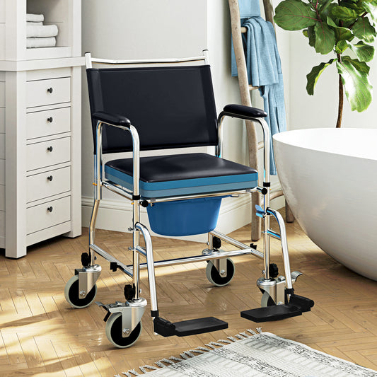 HOMCOM Rolling Shower Chair with Wheels, Bedside Commode Wheelchair with Padded Seat, Backrest, for Seniors, Adults, Injured or Disabled, Black