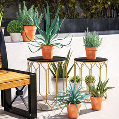 Outsunny Garden Side Table Set of 2, Nesting Tables with Ceramic Tile Top, Indoor Outdoor Small Garden Tables, Multifunctional End Tables with Metal Frame for Patio, Balcony, Porch, Black