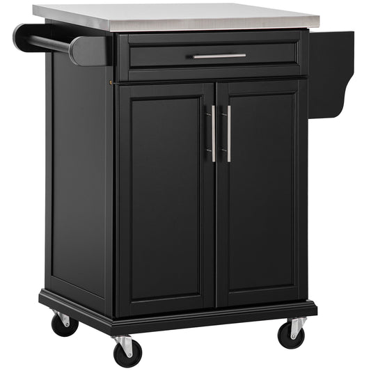 HOMCOM Wooden Kitchen Island on Wheels, Serving Cart Storage Trolley with Stainless Steel Top, Drawer, Side Handle and Rack, Black