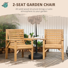 Outsunny Wooden Garden Love Seat, 2 Seater Jack & Jill Companion Seat with Coffee Table and Parasol Hole, Partner Bench, Table and Chairs Set, Outdoor Furniture for Garden, Balcony, Patio, Brown