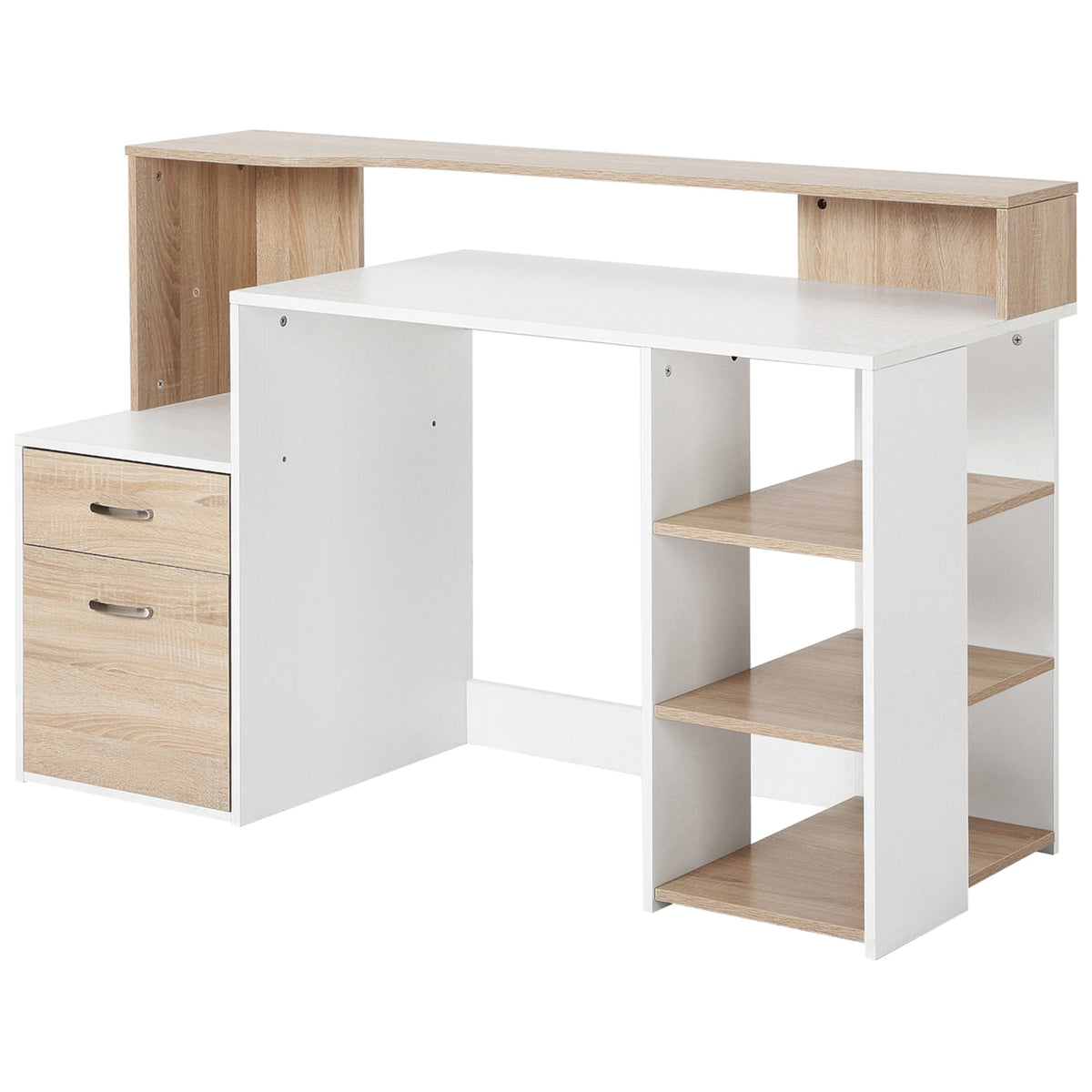 HOMCOM Computer Desk with Drawers and Storage Shelves, Reception Desk, Study Workstation for Home Office, 137 x 55 x 92cm, Oak and White