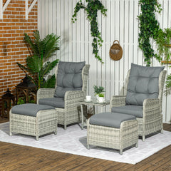 Outsunny 5 Pieces Rattan Bistro Set with Adjustable Back, Reclining Wicker Balcony Furniture with Cushions, Glass Top Coffee Table and Footstools, Outdoor Table and Chairs, Grey