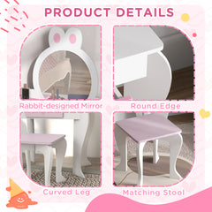 ZONEKIZ Wooden Kids Bedroom Furniture Set with Kids Dressing Table, Stool, Bed, for 3-6 Years, Bunny-Design