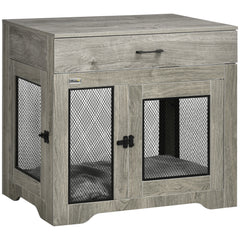 PawHut Dog Cage End Table with Two Doors, Drawer, for Medium Dogs - Grey