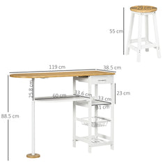 HOMCOM 3 Piece Bar Table Set, Breakfast Bar table and Stools with Storage Shelf, Drawer, Wire Basket and Wine Rack for Kitchen, Home Bar, Natural and White