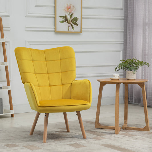 HOMCOM Modern Accent Chair, Upholstered Tufted Wingback Armchair with Seat Padding, Leisure Lounge Bedroom Chair with Wood Legs, Yellow