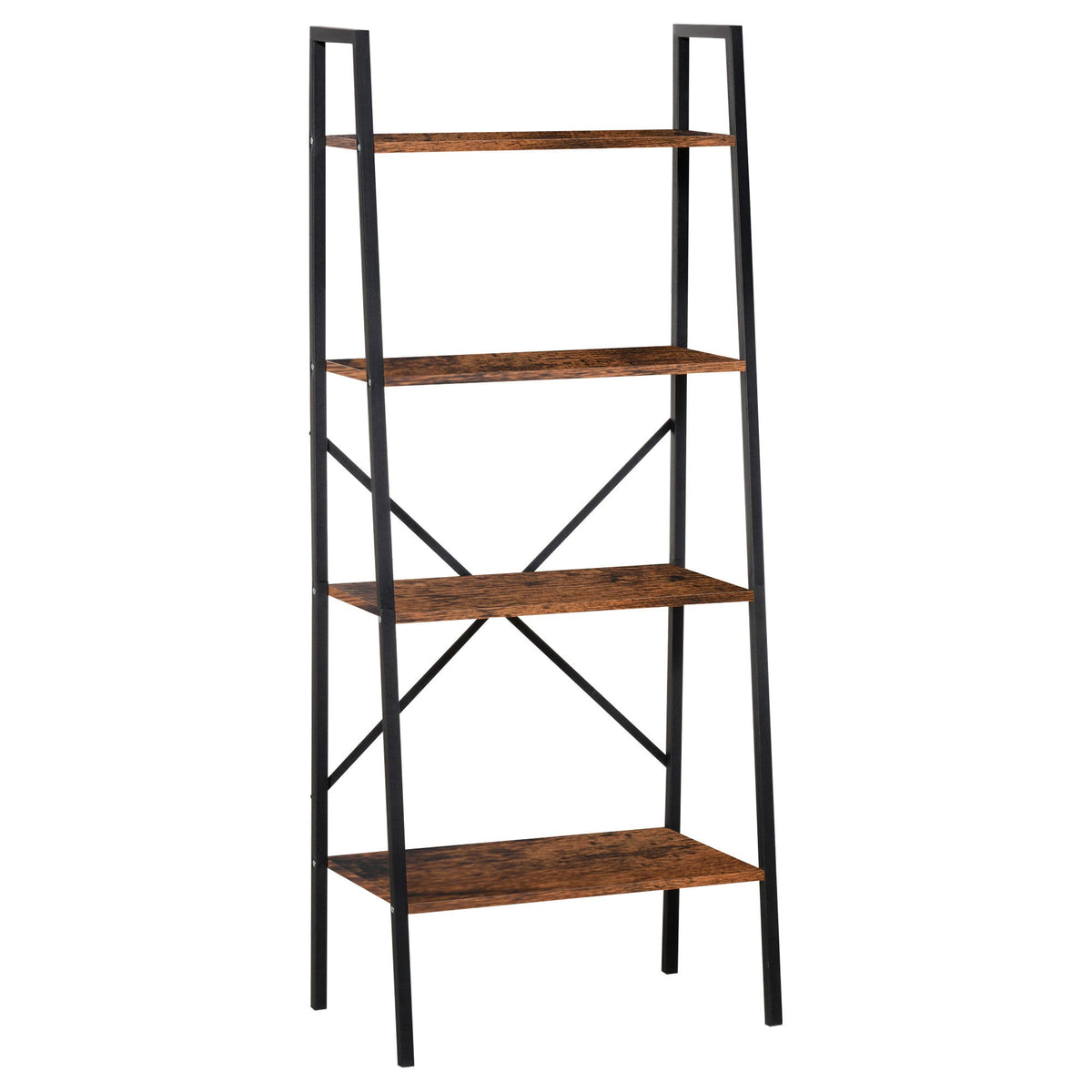 HOMCOM Bookcase 4-Tier Vintage Ladder Shelf with Wood Storage Rack, Stand Plants Display, Black and Brown