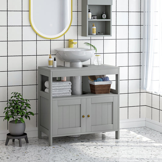 kleankin Pedestal Under Sink Cabinet with Double Doors, Modern Bathroom Vanity Storage Unit with Shelves, Light Grey