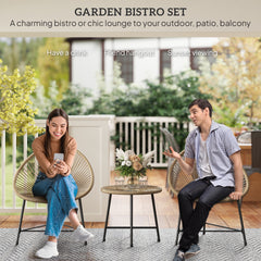 Outsunny 3 Pieces Rattan Bistro Set, Garden Bistro Set with Acapulco Chairs and Glass Top Table, Small Garden Furniture Set with Reinforced Metal Frame for Outdoor, Patio, Balcony, Natural