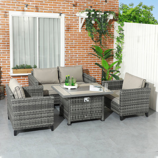 Outsunny 5-Piece Rattan Patio Furniture Set with Gas Fire Pit Table, Loveseat Sofa, Armchairs, Cushions, Pillows, Grey