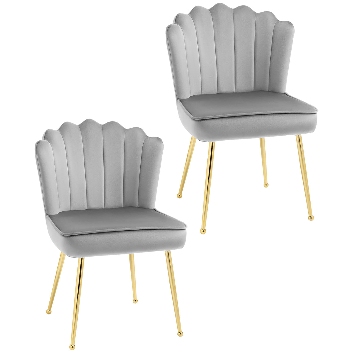 HOMCOM Shell Dining Chairs Set of 2, Upholstered Kitchen Chairs with Gold Metal Legs and Backrest, Velvet Fabric Lounge Leisure Chairs for Living Room, Reception Room, Grey