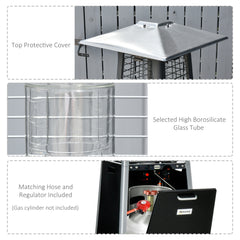 سخان غاز خارجي قائم بذاته من Outsunny بقوة 11.2 كيلو وات، سخان بروبان هرمي، سخان برج حديقة مع عجلات، غطاء غبار، منظم وخراطيم، أسود، 50 × 50 × 225 سم