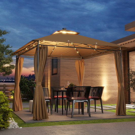 Outsunny 3 x 3 m Solar LED Metal Gazebo - Brown