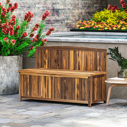 Outsunny Wood Storage Bench for Patio Furniture, Outdoor Garden Seating Tools, Brown