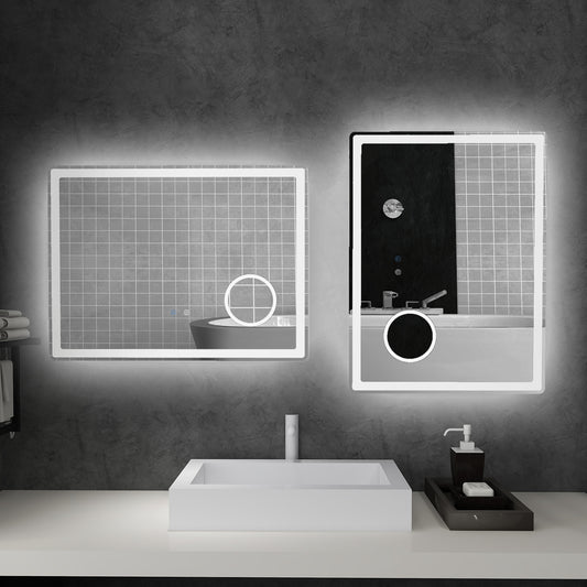 kleankin LED Bathroom Mirror with Lights, 3X Magnifying Mirror, Dimming Lighted Bathroom Mirror, Vanity Mirror with 3 Colour Front and Backlit, Smart Touch, Anti-Fog, Horizontal and Vertical, 80x60cm