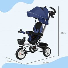 HOMCOM Metal Frame 6 in 1 Baby Push Tricycle with Parent Handle for 1-5 Years Old, Dark Blue