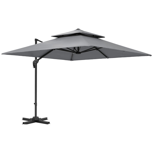 Outsunny 3 x 3(m) Cantilever Parasol with Aluminium Frame, Crank and Tilt, 360√Ç¬∞ Rotation, Double Top Garden Umbrella with Base and Cover, Light Grey