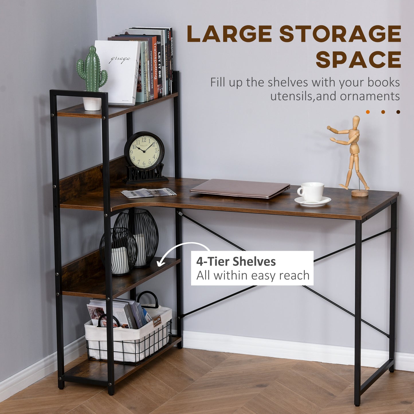 HOMCOM Office Desk with Storage Shelves, 120 CM Computer Desk, Industrial Study Table with Metal Frame for Home Office Small Space, Rustic Brown