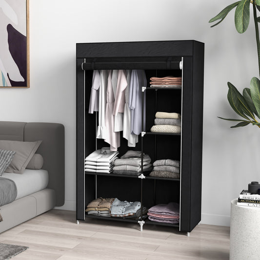 HOMCOM Fabric Wardrobe, Portable Wardrobe with 6 Shelves, 1 Hanging Rail, Foldable Closets, 103 x 43 x 162.5 cm, Black