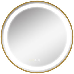 kleankin Round LED Bathroom Mirror, Dimmable Lighted Wall Mount Mirror with 3 Colours, Time Display, Memory Function, Hardwired