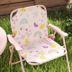 AIYAPLAY 4 Pieces Kids Garden Table and Chair Set with Adjustable Parasol, Folding Chairs, Table, Rainbow Pattern, Pink