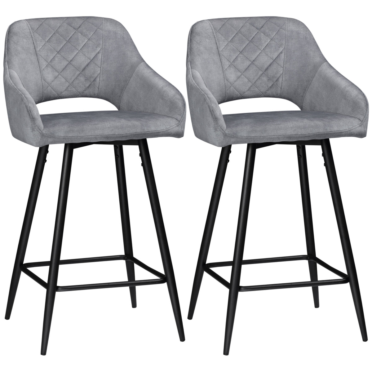 HOMCOM Bar Stools Set of 2, Velvet-Touch Fabric Counter Height Bar Chairs, Kitchen Stools with Steel Legs for Dining Area, Kitchen Island Barstools, Grey