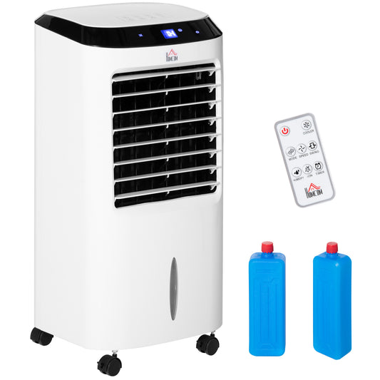 HOMCOM Portable Air Cooler, Evaporative Anion Ice Cooling Fan Water Conditioner Humidifier Unit with 10L Water Tank, 3 Modes, 3 Speed, Remote, Timer, Oscillating for Home Quiet Bedroom, White