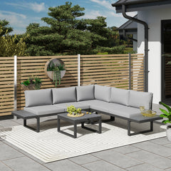 Outsunny 4 Pieces Patio Garden Set with 5-Level Recline Corner Sofa, Outdoor Garden Lounge Sectional Conversation Sofa Set with Cushions, Wood Grain Plastic Table, Black Frame Light Grey Cushion