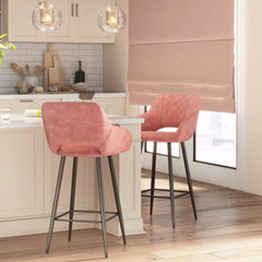 HOMCOM Set of Two Velvet-Feel Bar Stools - Pink