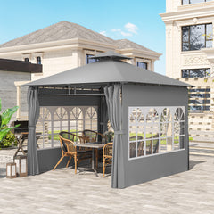 Outsunny 3 x 3 m Garden Gazebo, Double Roof Metal Gazebo with Removable Sidewalls and Church Windows, Outdoor Canopy Shelter, Light Grey