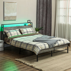 HOMCOM King Steel Bed Frame, with LED Lights and Headboard Shelf - Grey