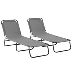 Outsunny 2 Piece Foldable Sun Loungers with 5-Position Adjustable Backrest, Outdoor Portable Recliner Chaise Lounge Chairs with Breathable Mesh Fabric, Grey