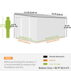 Outsunny Garden Metal Storage Shed Outdoor Metal Tool House with Double Sliding Doors and 2 Air Vents, 11.3x9.2ft, Green