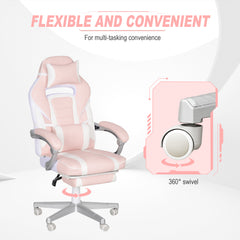 HOMCOM Faux Leather Reclining Gaming Chair, with Footrest - Pink/White