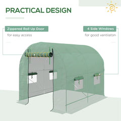 Outsunny Walk-In Garden Polytunnel Greenhouse with Steel Frame, PE Cover, Roll-Up Door and 4 Windows, 2.5 x 2m, Green