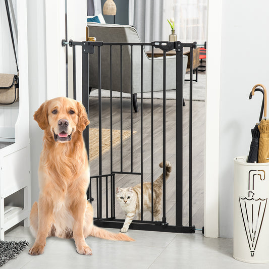 PawHut Extra Tall Pet Gate, Indoor Dog Safety Gate, with Cat Flap, Auto Close, 74-80cm Wide - Black