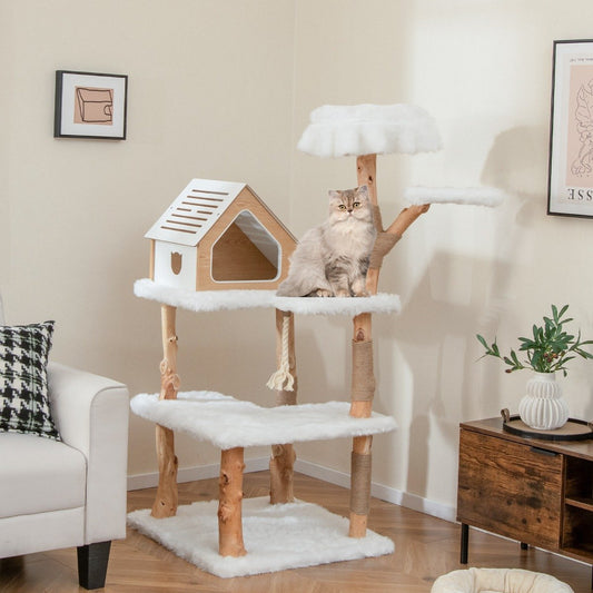 149 cm Tall Solid Wood Cat Tree with 2 Perches Condo and Jute Scratching Posts-White