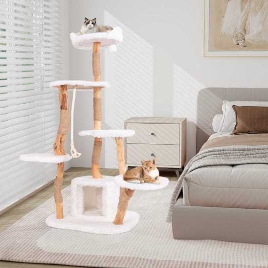 168 cm Tall Solid Wood Cat Tree with Perch Condo and Jute Scratching Posts-White