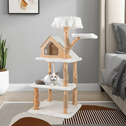 149 cm Tall Solid Wood Cat Tree with 2 Perches Condo and Jute Scratching Posts-White