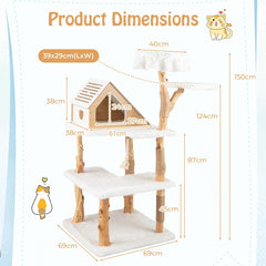 شجرة قطط من الخشب الصلب بارتفاع 149 سم مع 2 مجثمات وعمودين للخدش من الجوت - بيضاء