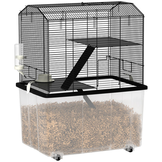 PawHut Three-Tier Gerbil Cage, Hamster Cage for Dwarf Hamster, Syrian Hamster w/ Wheels, Deep Bottom, Food Dish, Water Bottle