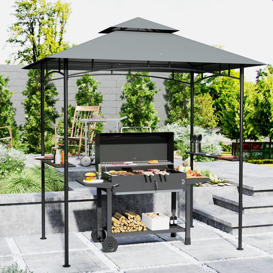 Outsunny 8' x 5' Grill Gazebo, Double Tiered BBQ Gazebo Shelter Canopy with LED Lights, 2 Side Shelves, Hooks, Dark Grey