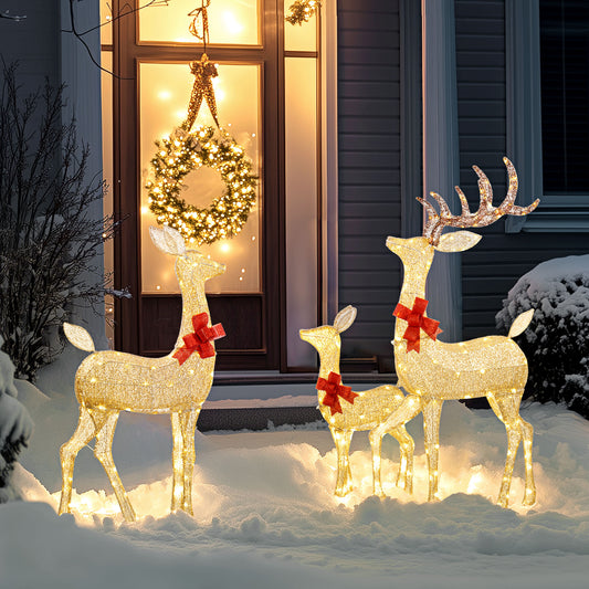 Outsunny Lighted Reindeer Christmas Decorations Outdoor, 3-Piece Light Up Deer Family Set of 3 with 283 LED Lights for Indoor, Lawn, Garden, Gold Tone