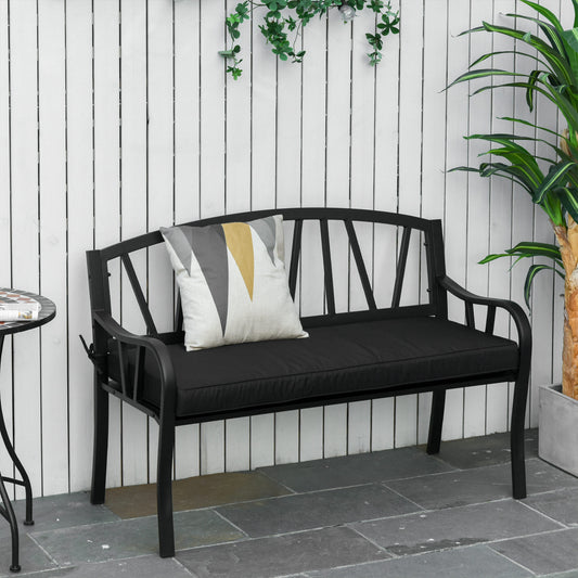 Outsunny 2-Seater Garden Bench with Cushion, Metal Loveseat, Slatted Outdoor Park Chair with Decorative Backrest and Armrest, Black